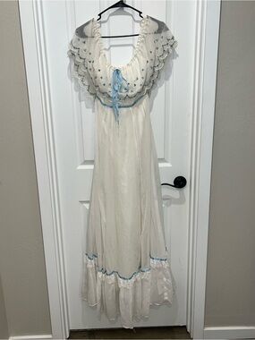 Gunne Sax White Dress with Light Blue Trim and embroidered neckline